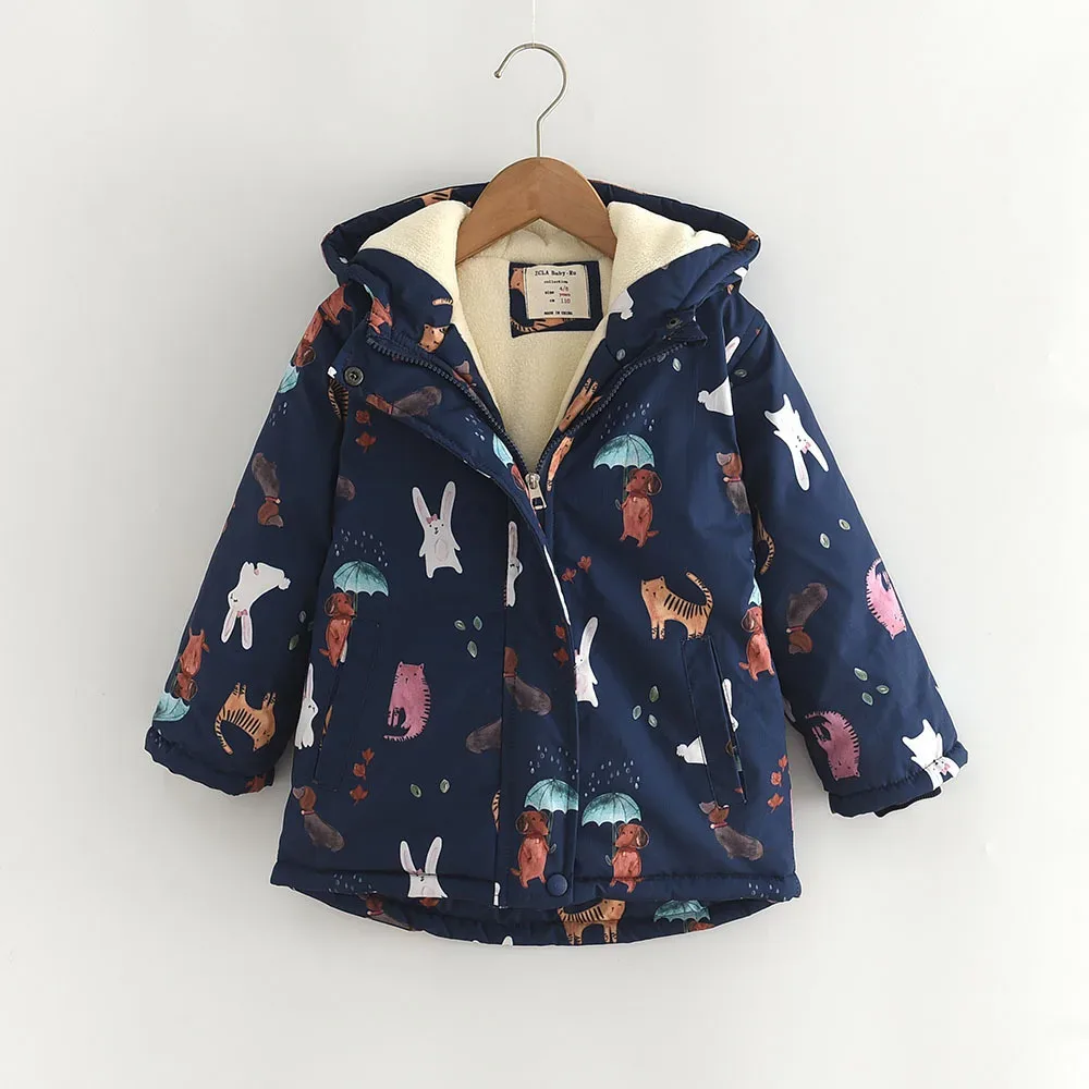 Girls' Cartoon-Print Fleece-Lined Coat — Navy Blue, front