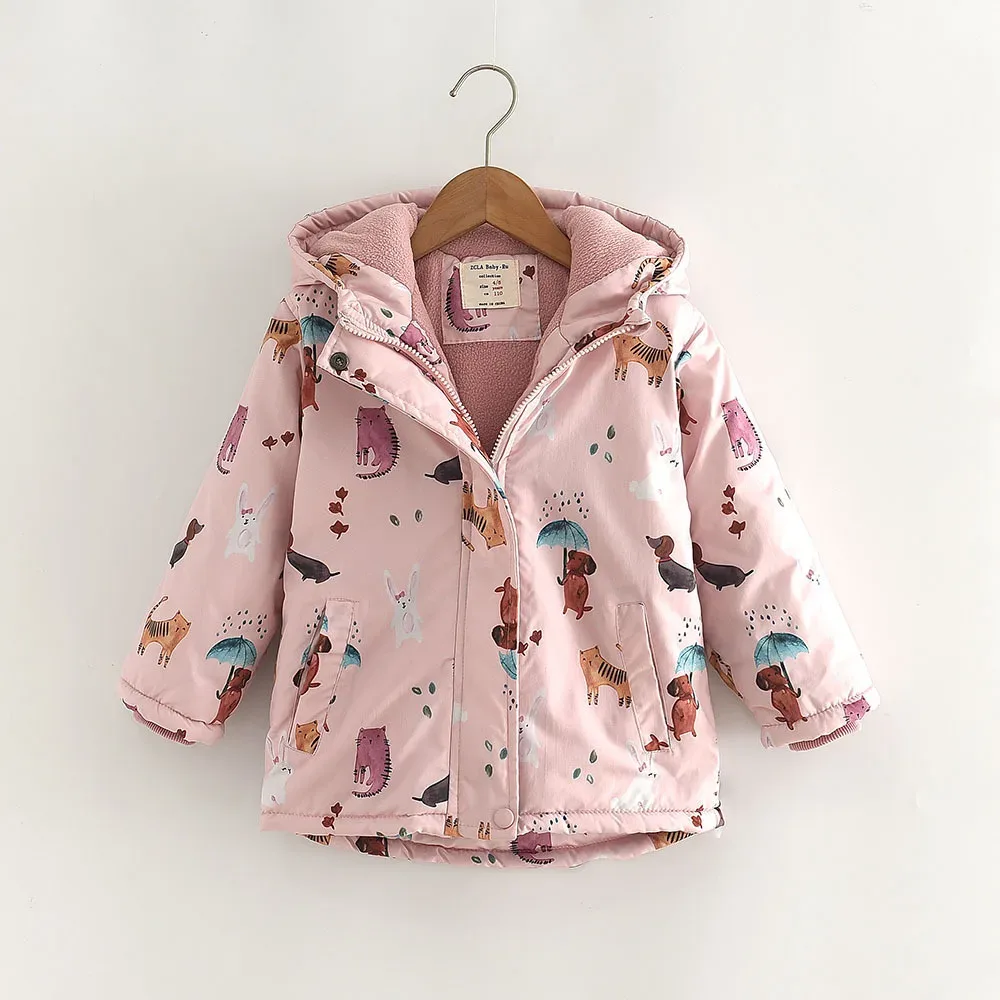 Girls' Cartoon-Print Fleece-Lined Coat — Pink, front