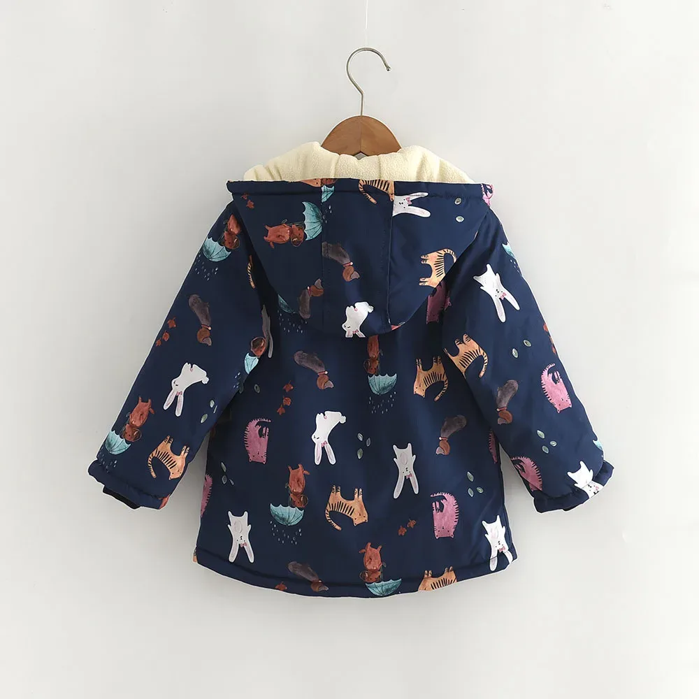 Girls' Cartoon-Print Fleece-Lined Coat — Navy Blue, back
