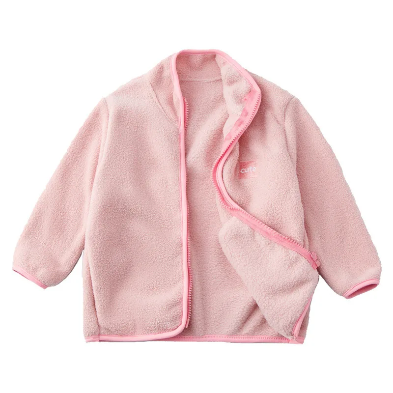 Girls' Fleece Zip Jacket with Chest Patch — 5 Colourways — Pink, open front view