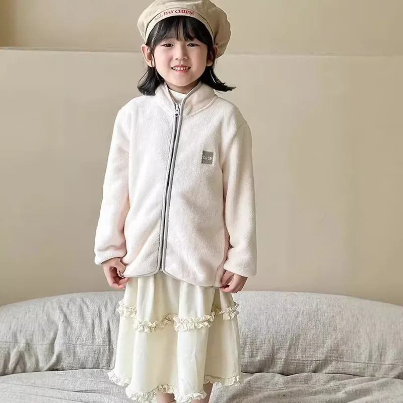 Girls' Fleece Zip Jacket with Chest Patch — 5 Colourways — Ivory, worn front view