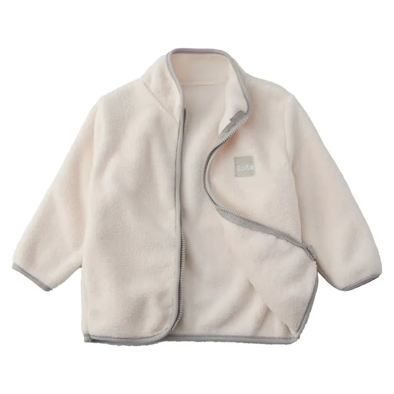Girls' Fleece Zip Jacket with Chest Patch — 5 Colourways — Ivory, open front view