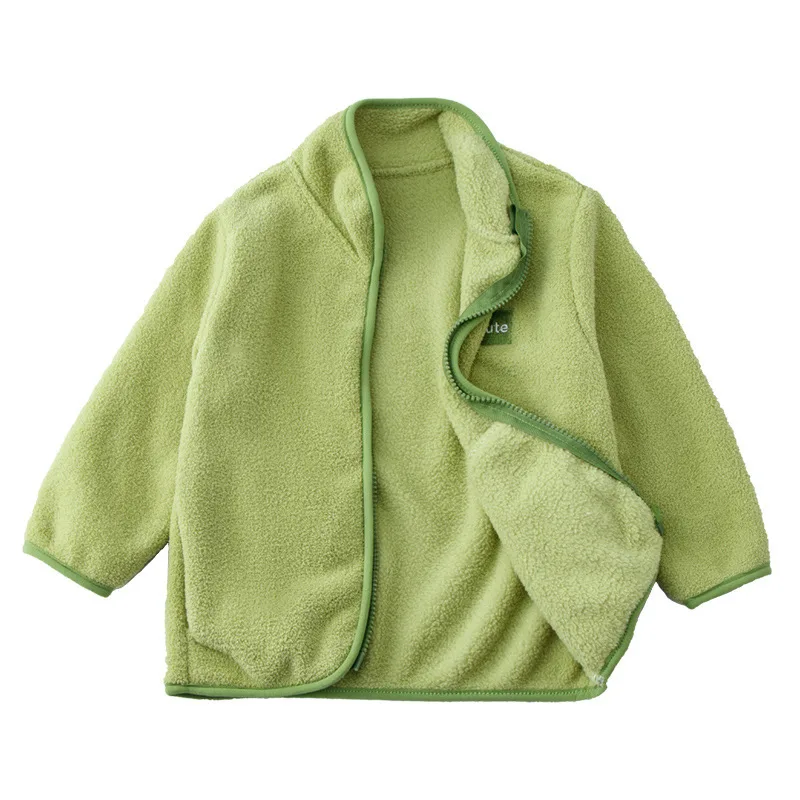Girls' Fleece Zip Jacket with Chest Patch — 5 Colourways — Green, open front view