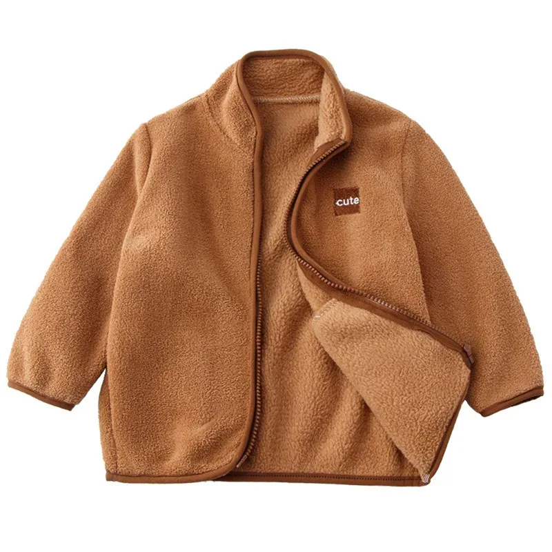 Girls' Fleece Zip Jacket with Chest Patch — 5 Colourways — Brown, open front view