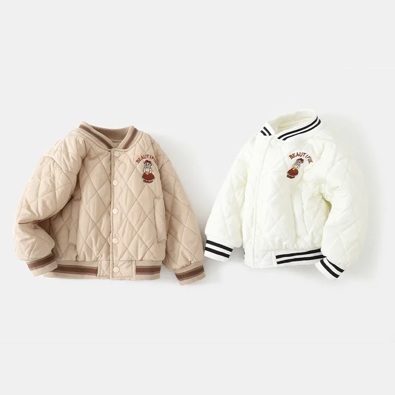 Girls' Diamond-Quilted Embroidered Jacket — Both colourways, pair flat lay