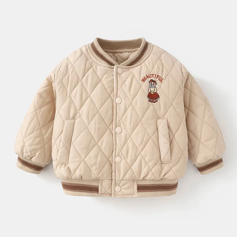 Girls' Diamond-Quilted Embroidered Jacket — Khaki, front