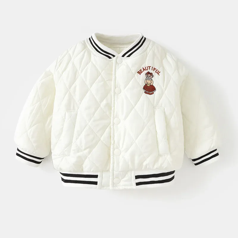 Girls' Diamond-Quilted Embroidered Jacket — White, front
