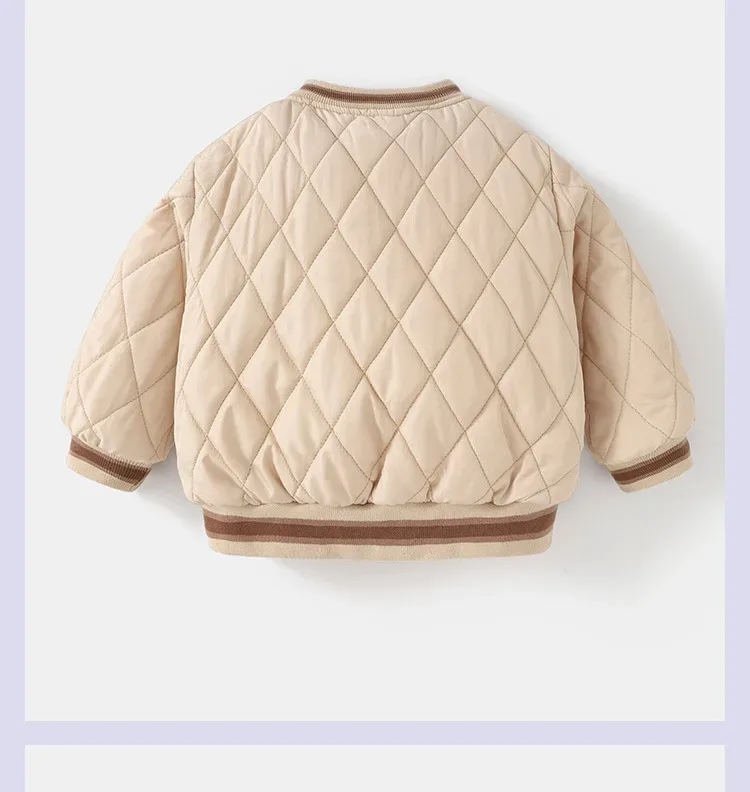 Girls' Diamond-Quilted Embroidered Jacket — Khaki, back, framed view