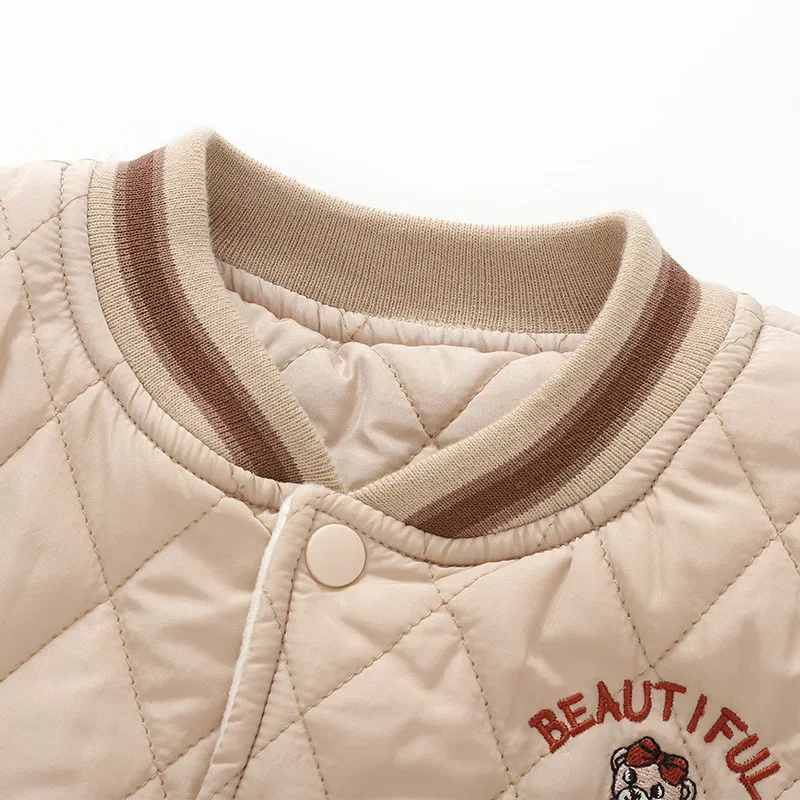 Girls' Diamond-Quilted Embroidered Jacket — Khaki, collar and embroidery close-up