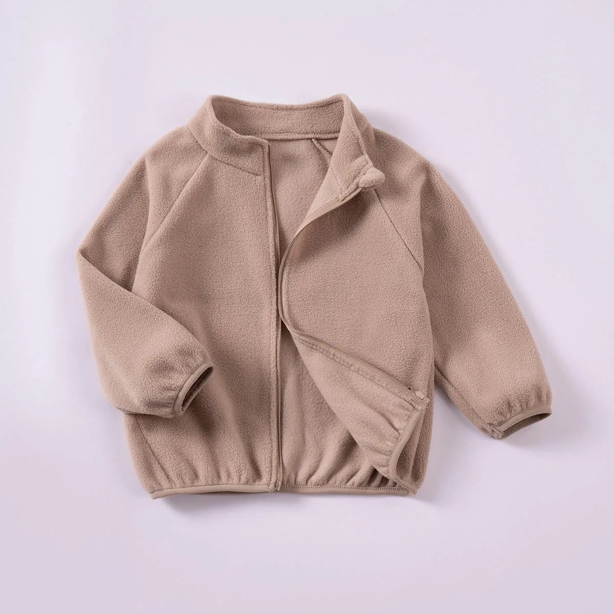Girls' Drop-Shoulder Fleece Jacket — 3 Colourways — Brown, front view