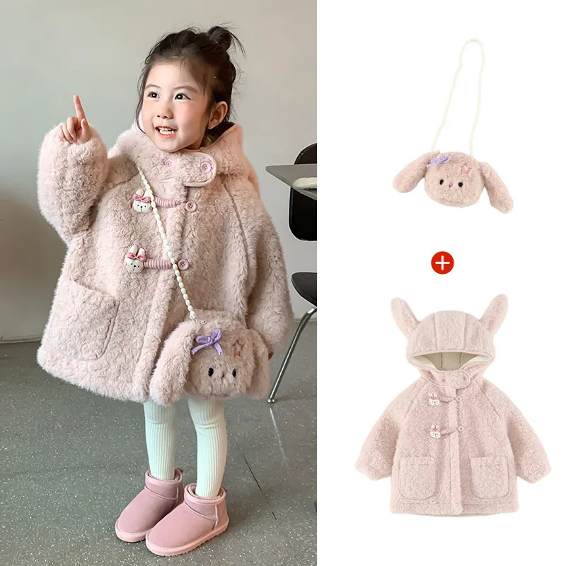 Girls' Faux Fur Coat with Bunny Bag — Pink — Pink, worn front view