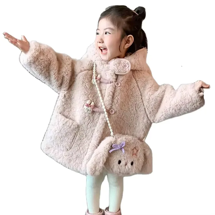 Girls' Faux Fur Coat with Bunny Bag — Pink — Pink, coat and bunny bag set