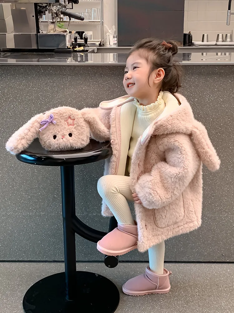 Girls' Faux Fur Coat with Bunny Bag — Pink — Pink, worn with bunny bag