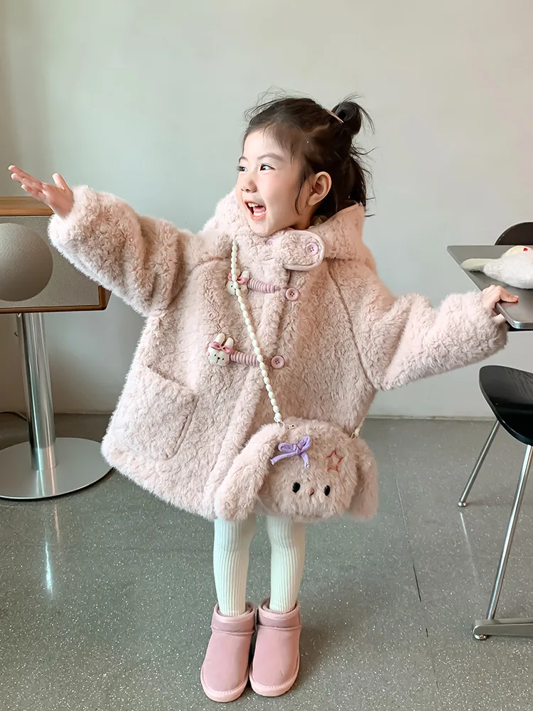 Girls' Faux Fur Coat with Bunny Bag — Pink — Pink, worn, arms out