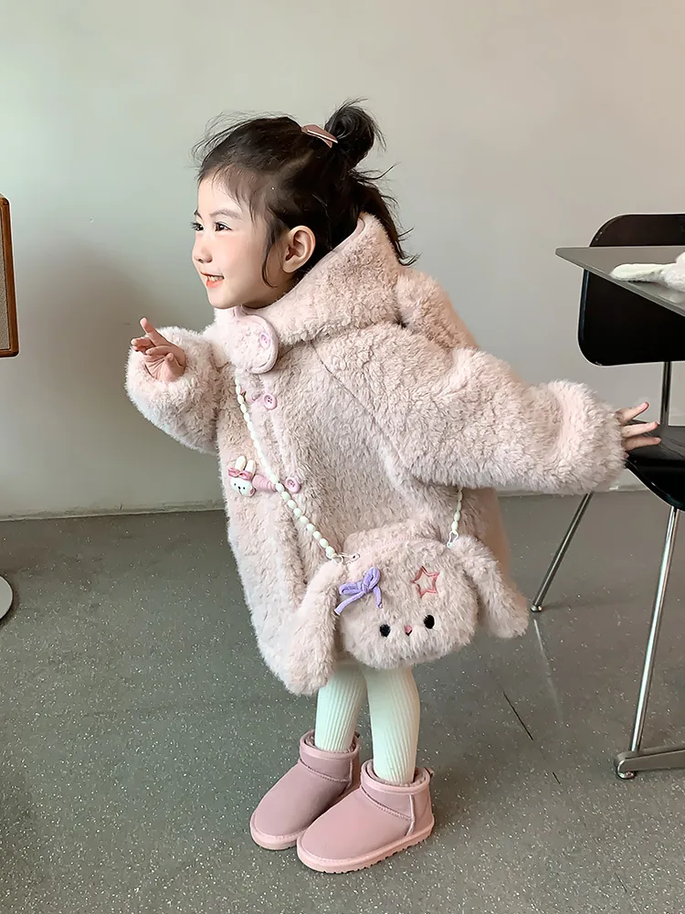 Girls' Faux Fur Coat with Bunny Bag — Pink — Pink, worn side view