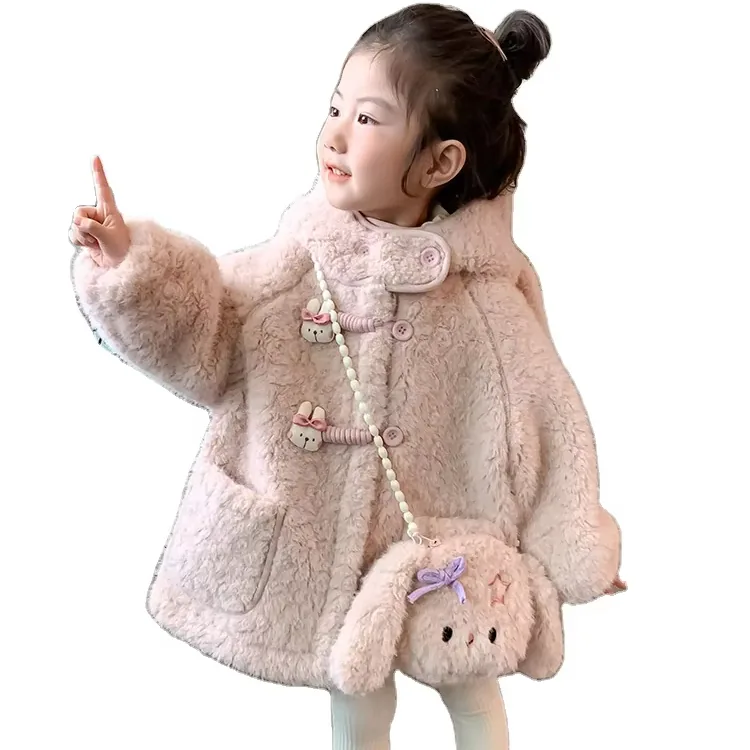 Girls' Faux Fur Coat with Bunny Bag — Pink — Pink, worn close view