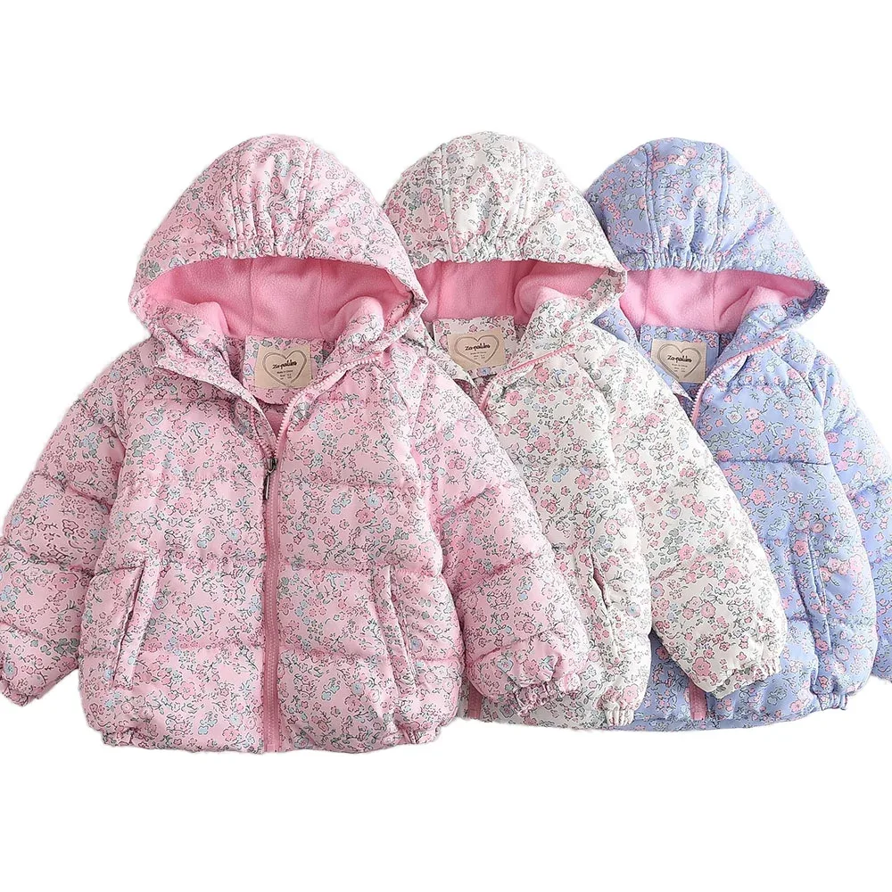 Girls' Floral Fleece-Lined Hooded Jacket — All three colourways, group shot