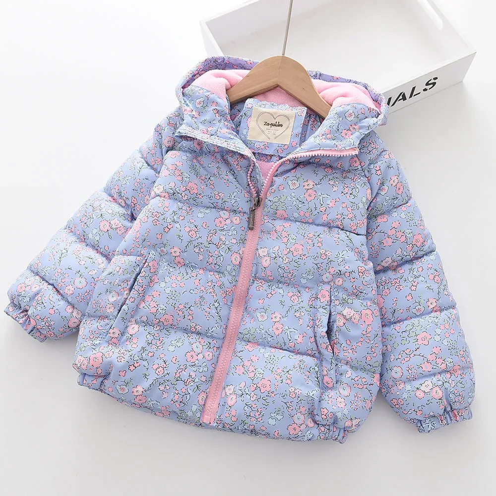 Girls' Floral Fleece-Lined Hooded Jacket — Light Blue, front on hanger