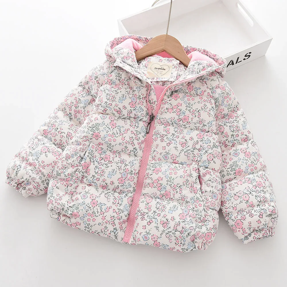 Girls' Floral Fleece-Lined Hooded Jacket — Off-White, front on hanger