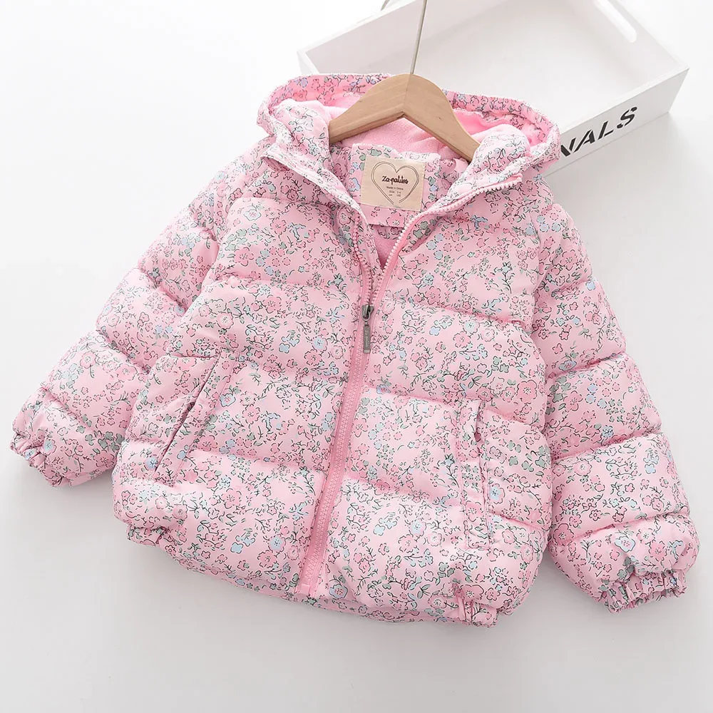 Girls' Floral Fleece-Lined Hooded Jacket — Pink, front on hanger