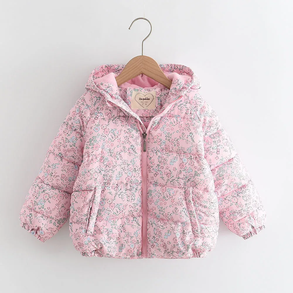 Girls' Floral Fleece-Lined Hooded Jacket — Pink, front flat lay