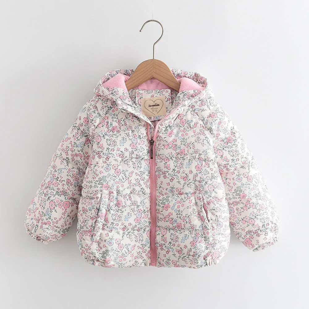 Girls' Floral Fleece-Lined Hooded Jacket — Off-White, front flat lay