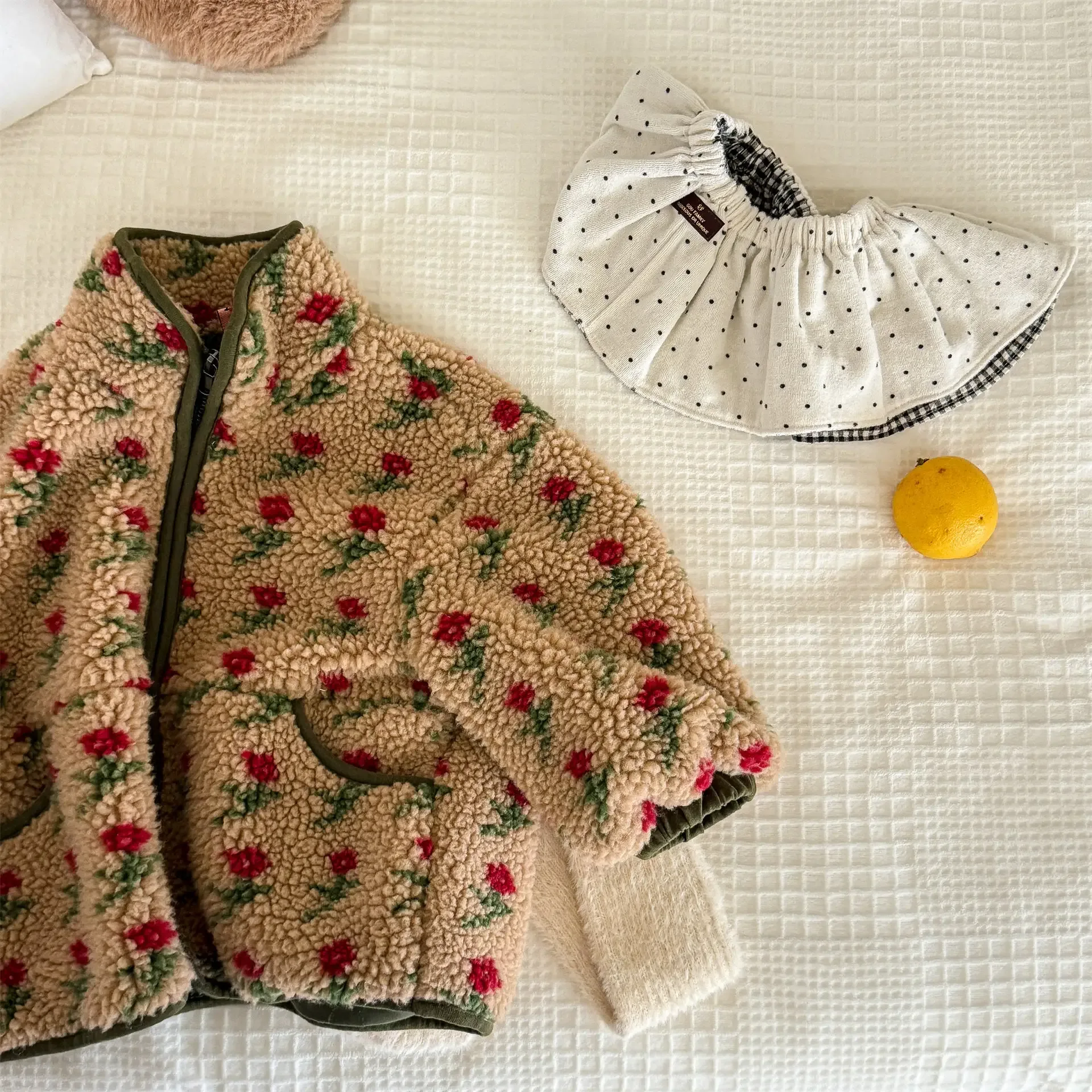 Girls' Floral Sherpa Zip-Up Jacket — Coffee Floral Print, front flat lay