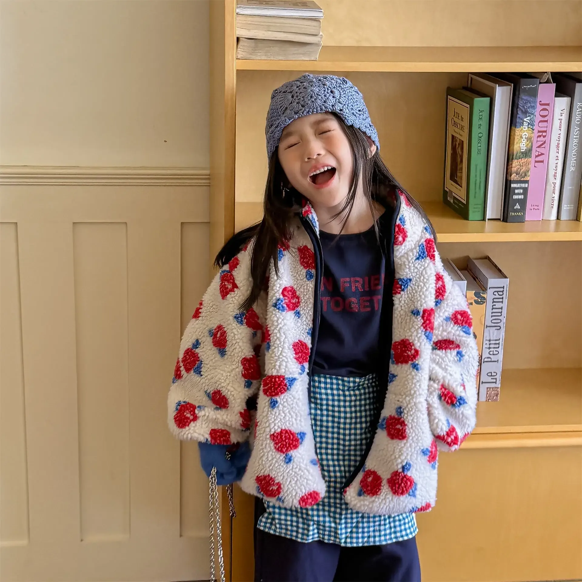 Girls' Floral Sherpa Zip-Up Jacket — Beige Rose Print, worn front