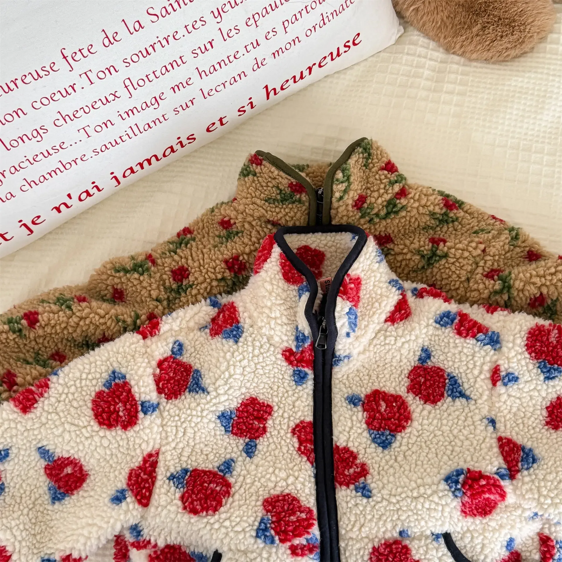 Girls' Floral Sherpa Zip-Up Jacket — Both colourways, fabric detail