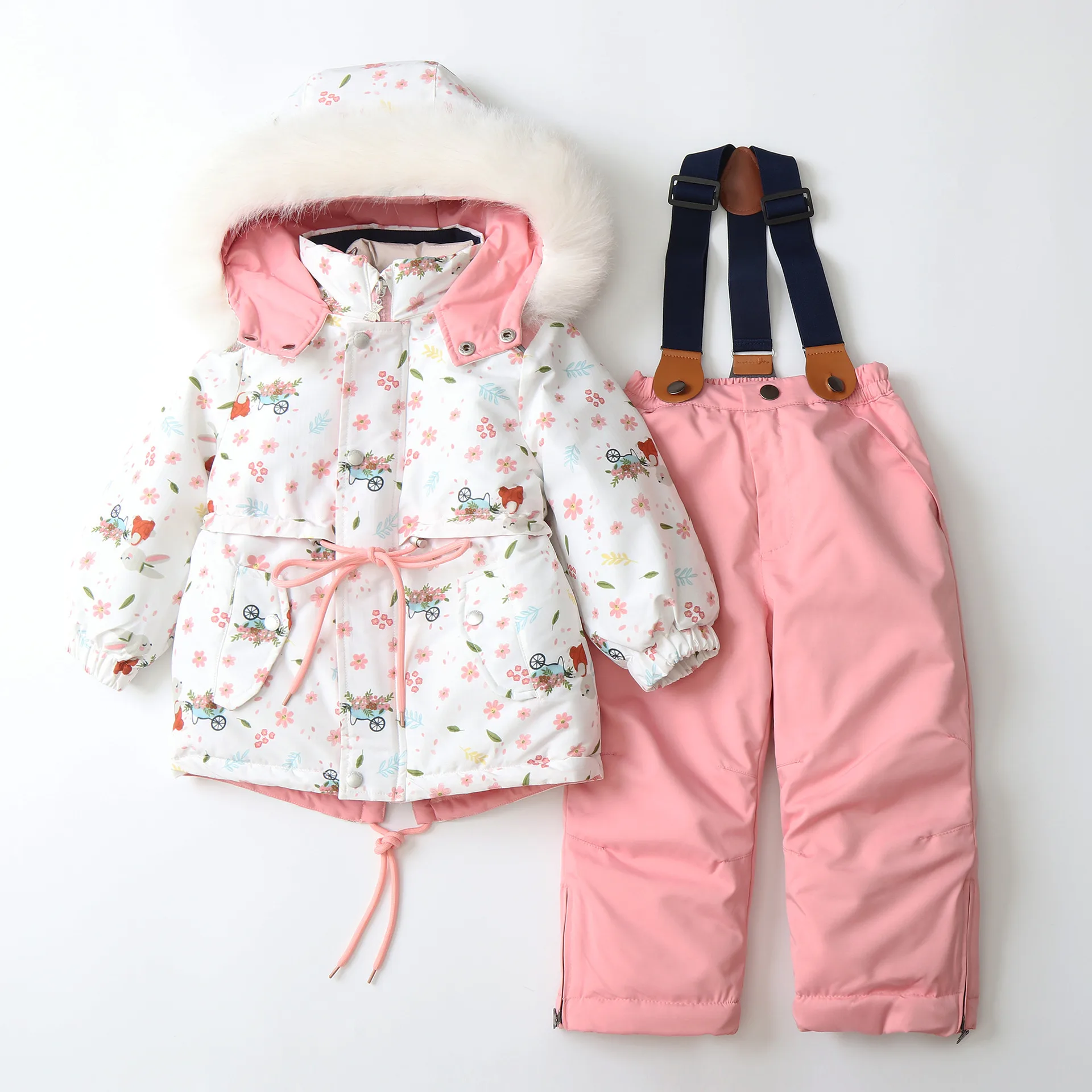 Girls' floral ski jacket and bib pants set — White Floral, full set