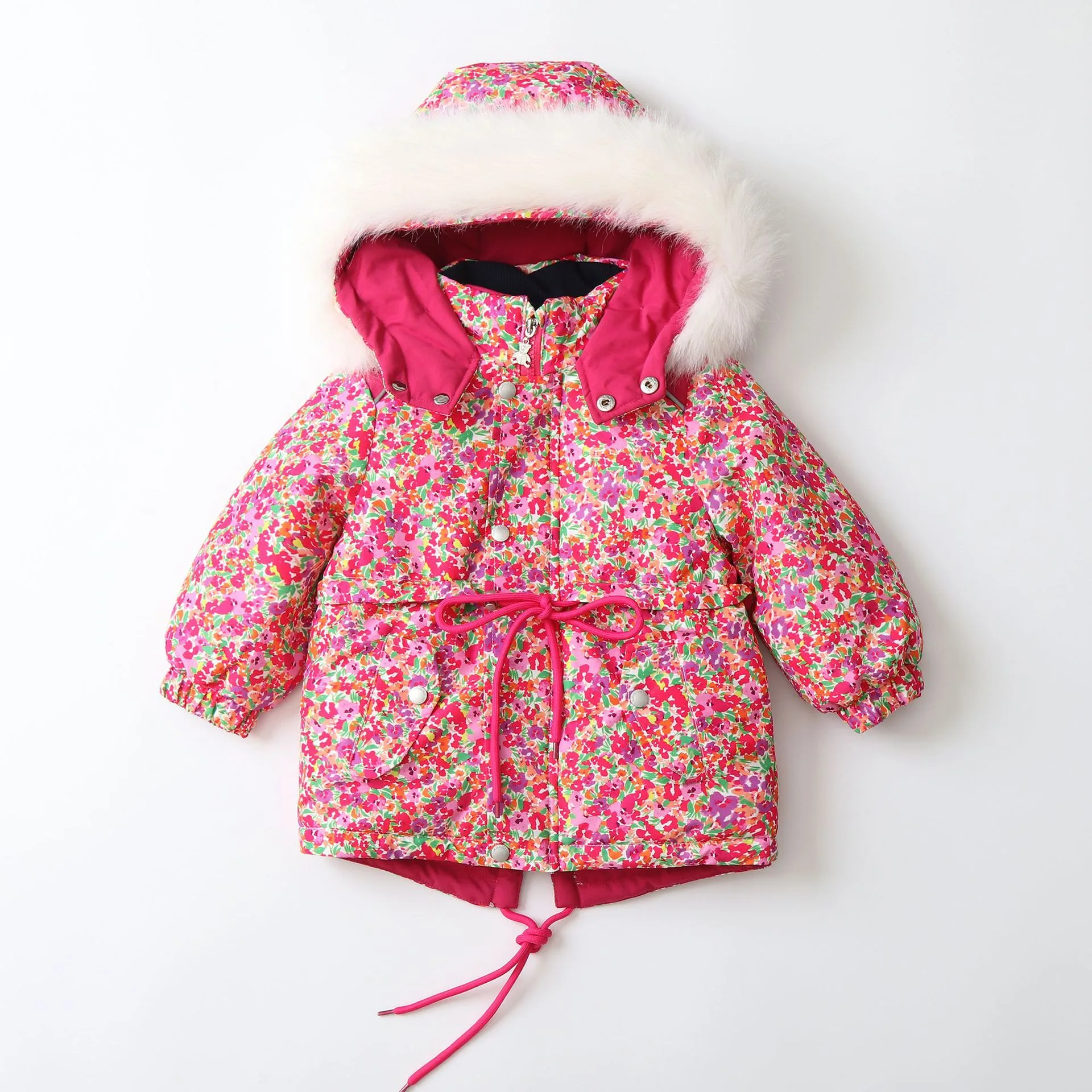 Girls' floral ski jacket and bib pants set — Rose Red Floral, jacket detail