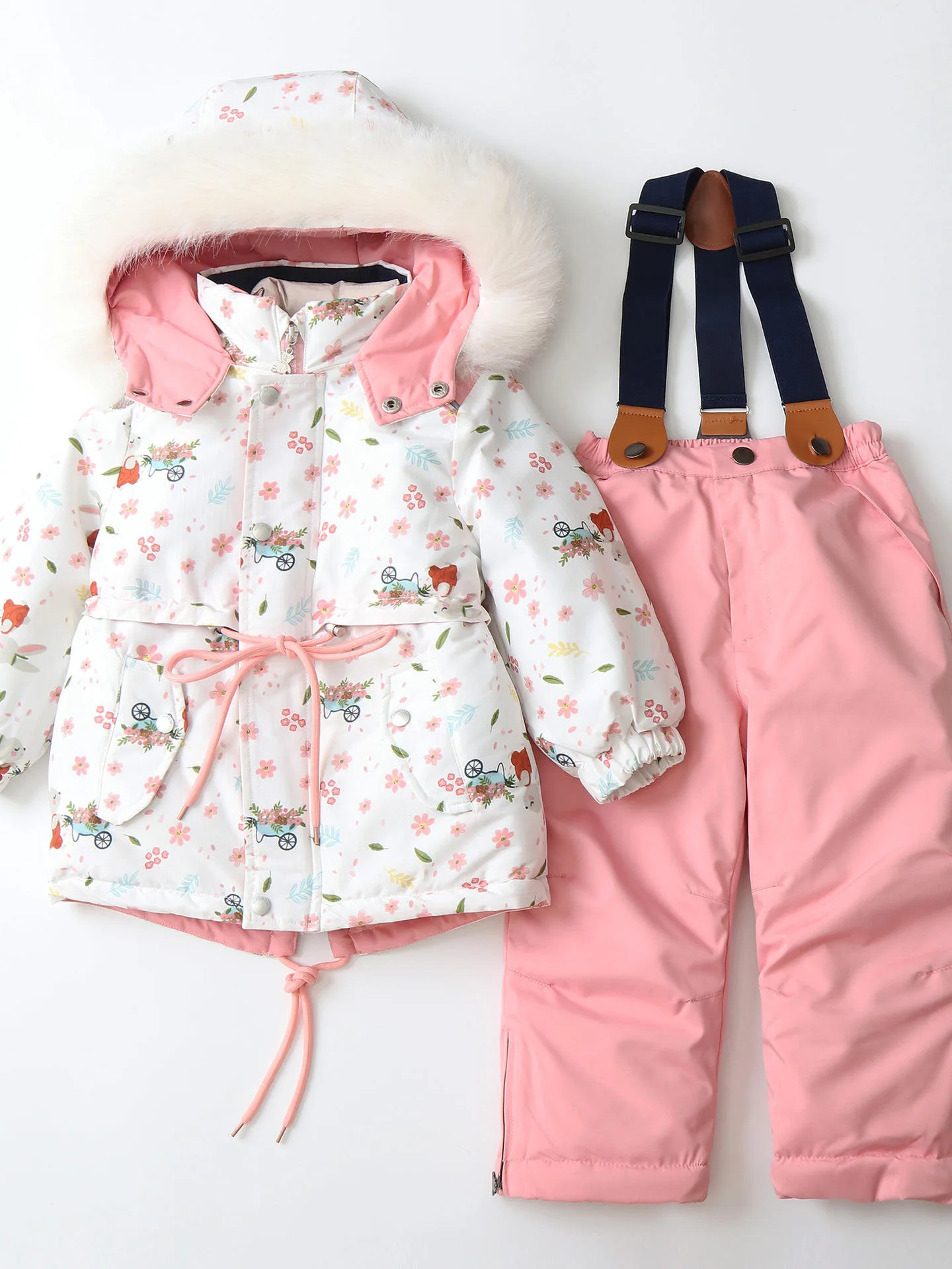 Girls' floral ski jacket and bib pants set — White Floral, full set detail