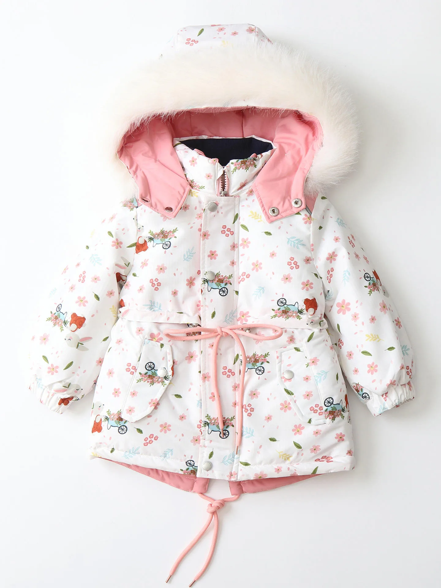 Girls' floral ski jacket and bib pants set — White Floral, jacket front