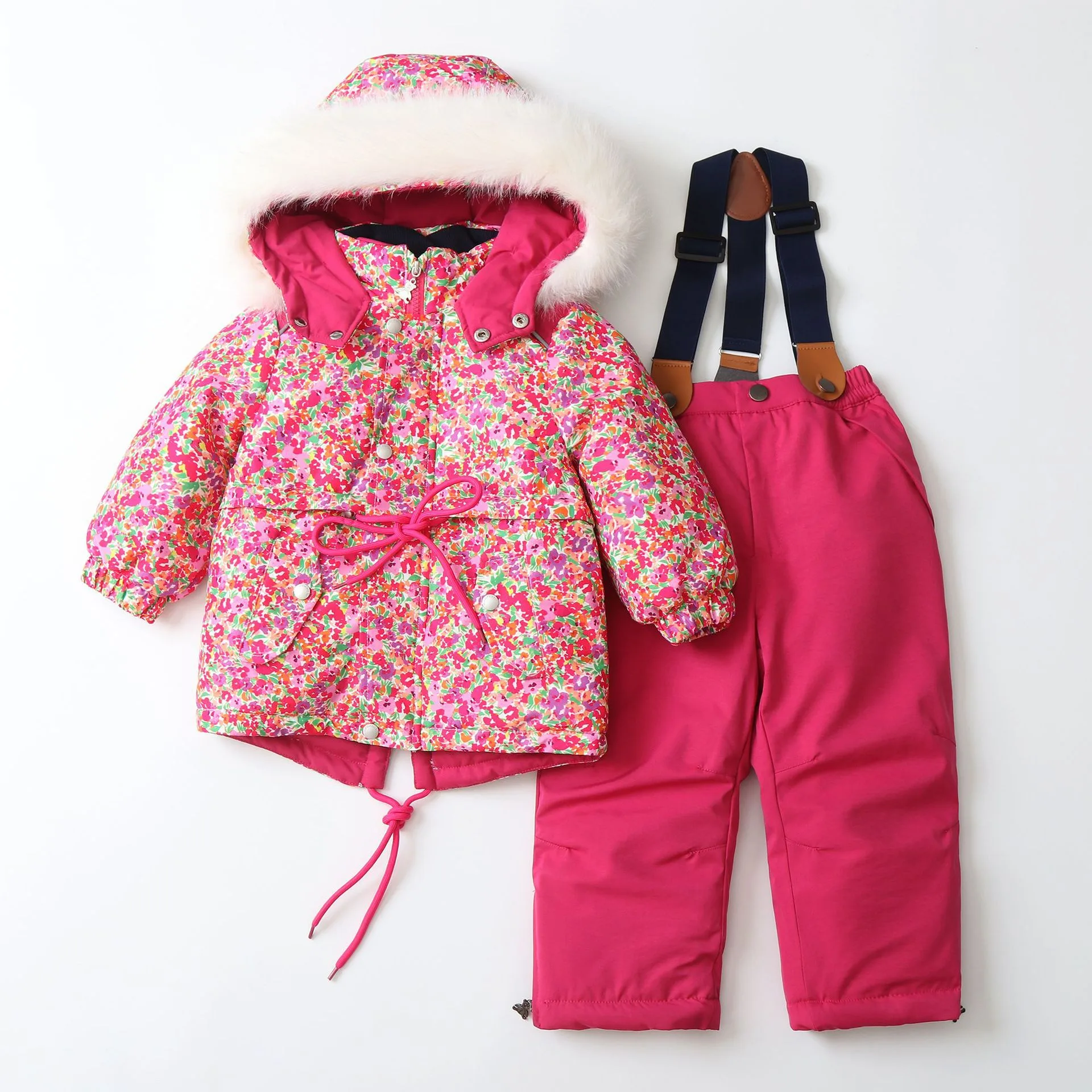 Girls' floral ski jacket and bib pants set — Rose Red Floral, full set