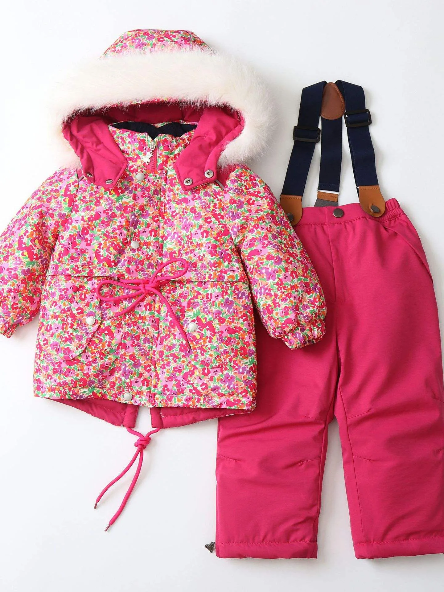 Girls' floral ski jacket and bib pants set — Rose Red Floral, full set detail