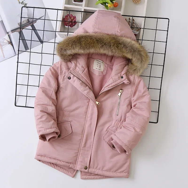 Girls' Fur-Trim Hooded Parka — Pink, front flat lay