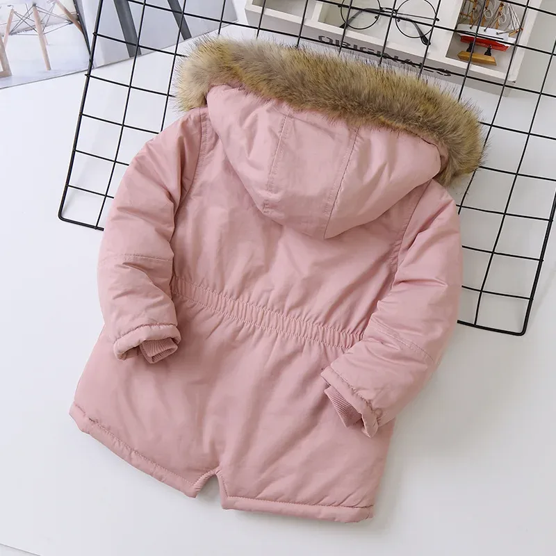 Girls' Fur-Trim Hooded Parka — Pink, back flat lay