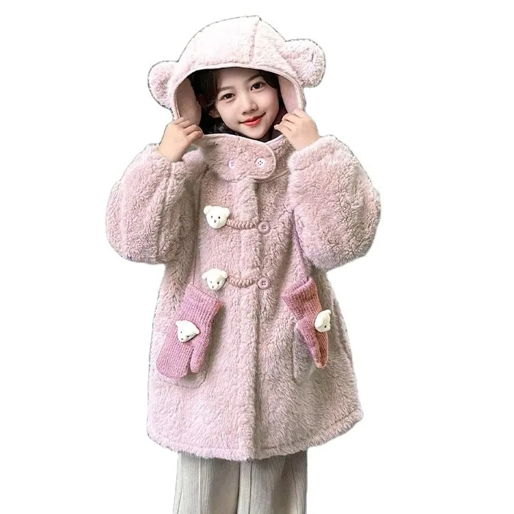 Girls' Hooded Lamb Fleece Coat & Gloves — 2 Colourways — Pink, hood up, front view