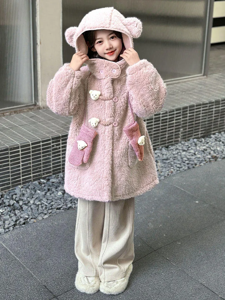 Girls' Hooded Lamb Fleece Coat & Gloves — 2 Colourways — Pink, worn front view