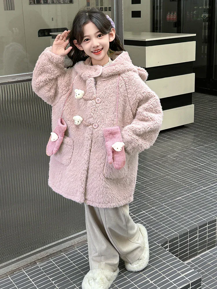 Girls' Hooded Lamb Fleece Coat & Gloves — 2 Colourways — Pink, worn street view