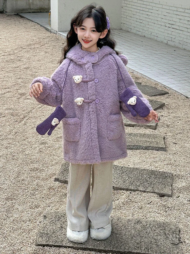 Girls' Hooded Lamb Fleece Coat & Gloves — 2 Colourways — Purple, worn front view