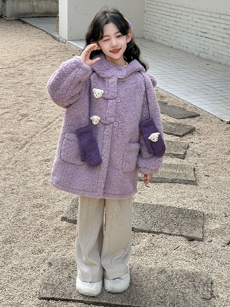 Girls' Hooded Lamb Fleece Coat & Gloves — 2 Colourways — Purple, worn three-quarter view