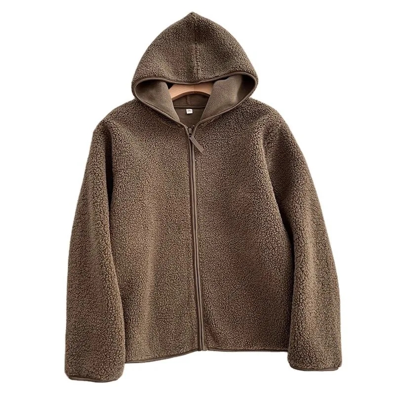 Girls' Hooded Lamb-Fleece Zip Coat — 4 Colourways — Brown, front view