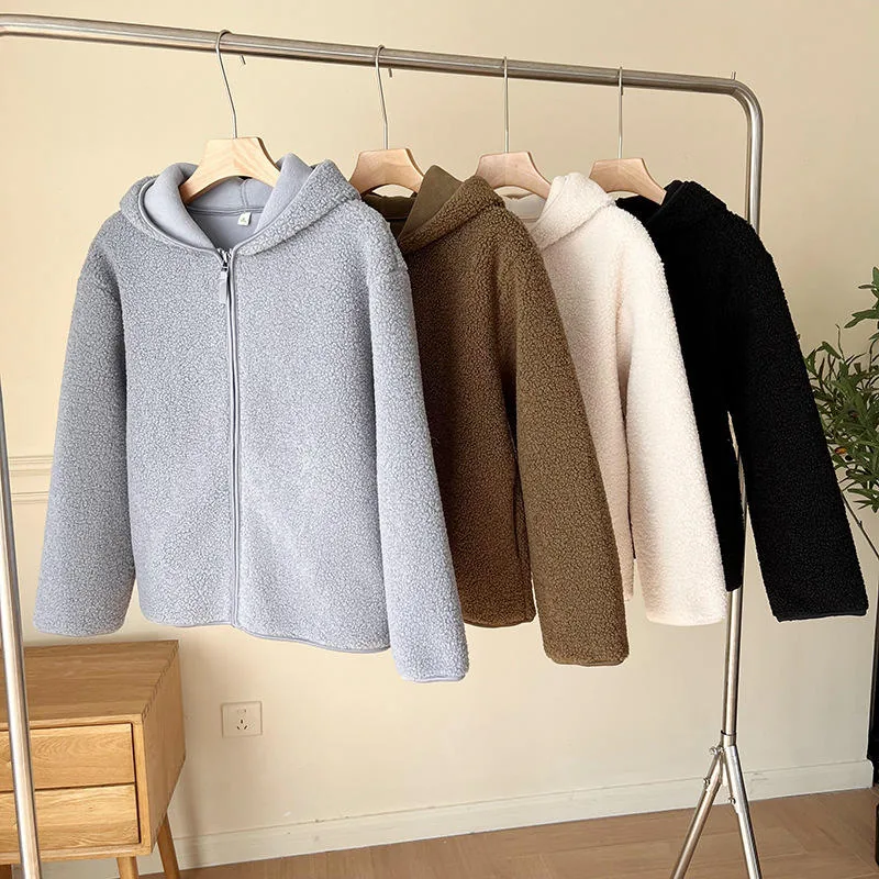 Girls' Hooded Lamb-Fleece Zip Coat — 4 Colourways — Four colourways, on rail