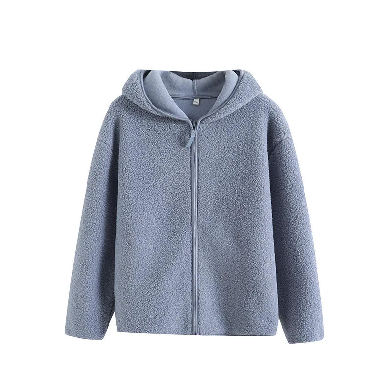 Girls' Hooded Lamb-Fleece Zip Coat — 4 Colourways — Light Blue, front view