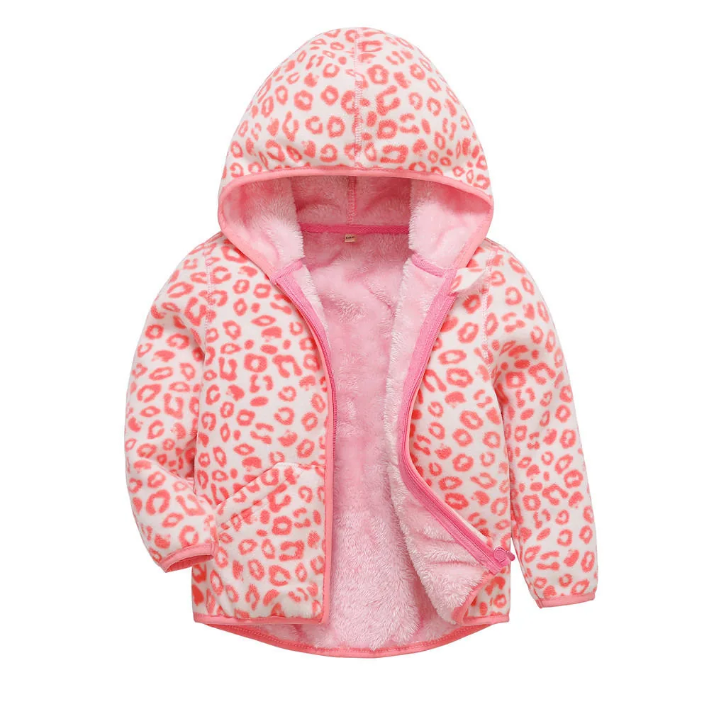 Girls' Hooded Printed Fleece Jacket — 2 Prints — Pink Leopard, open front view