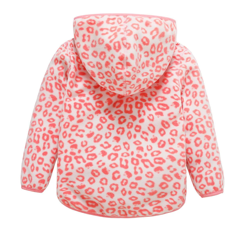 Girls' Hooded Printed Fleece Jacket — 2 Prints — Pink Leopard, back view
