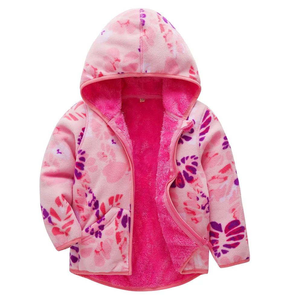 Girls' Hooded Printed Fleece Jacket — 2 Prints — Pink Floral, open front view