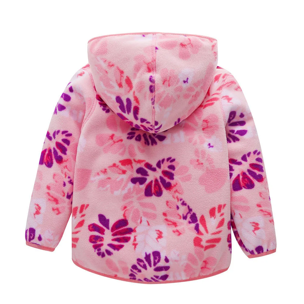 Girls' Hooded Printed Fleece Jacket — 2 Prints — Pink Floral, back view