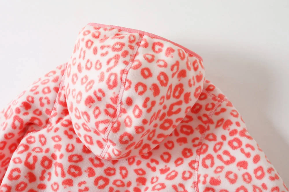 Girls' Hooded Printed Fleece Jacket — 2 Prints — Pink Leopard, hood close-up